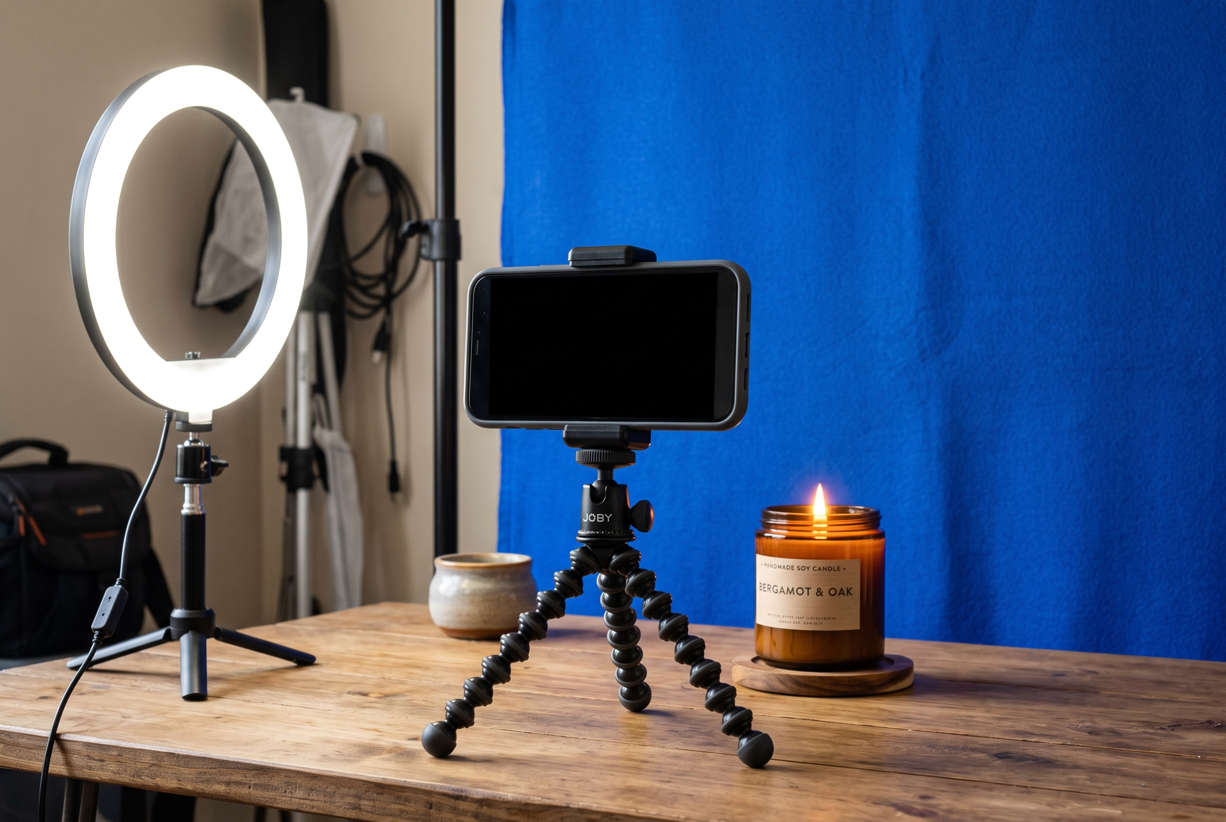 Phone on a tripod filming a handmade candle against a cobalt backdrop