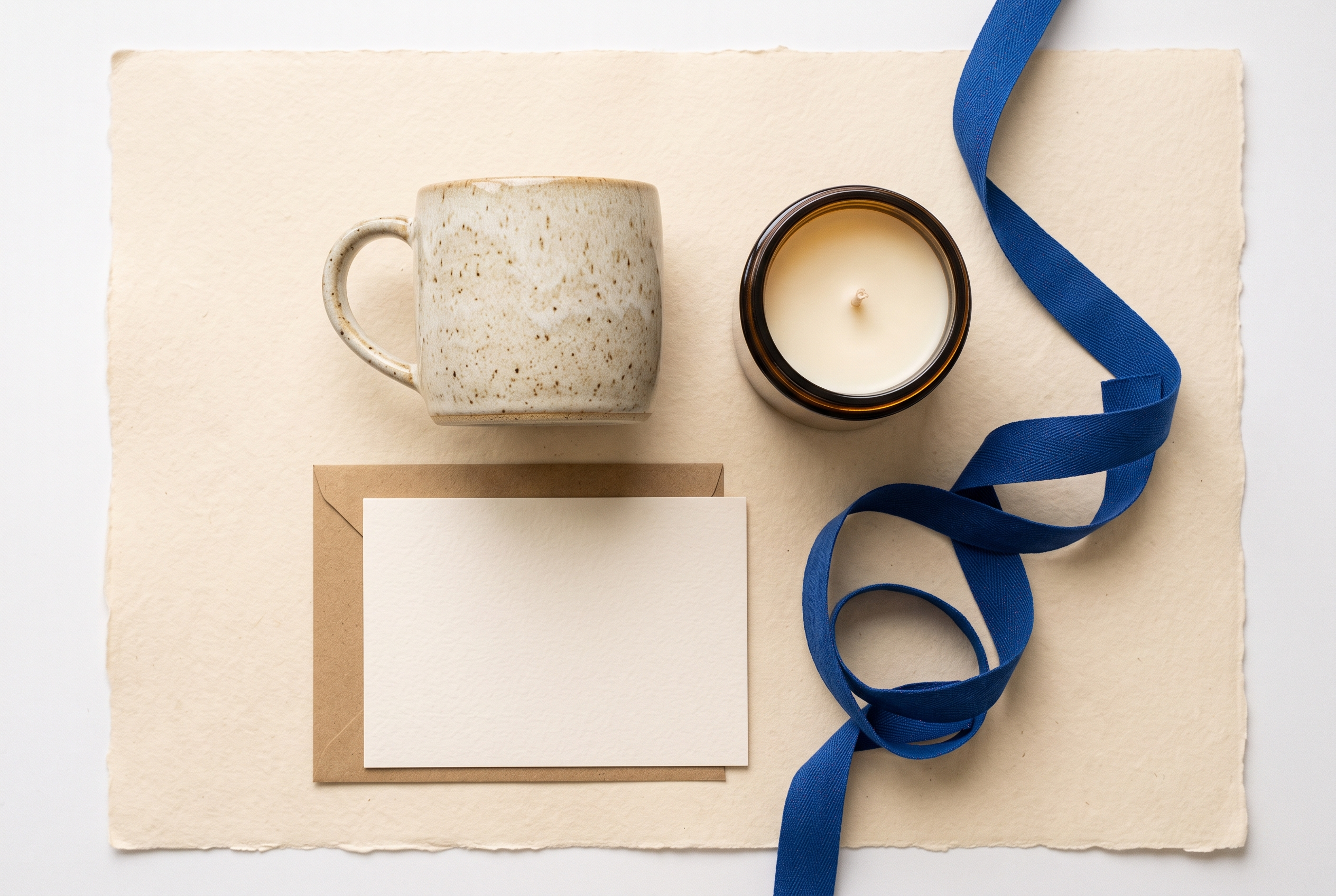 Flat lay of handmade products: a glazed mug, a candle, and a blank art card on cream paper with a cobalt ribbon